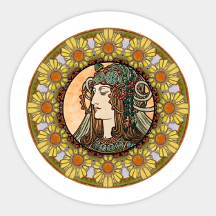 Mucha Flower Wreath Lady 05 Sticker